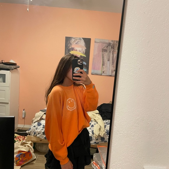 I Stole My Boyfriend's Shirt | Happy Face Rainbow Sweatshirt in Orange - Picture 3 of 4